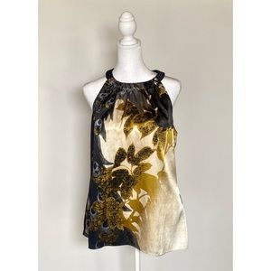 T Tahari satin navy and gold print sleeveless blouse women’s size L